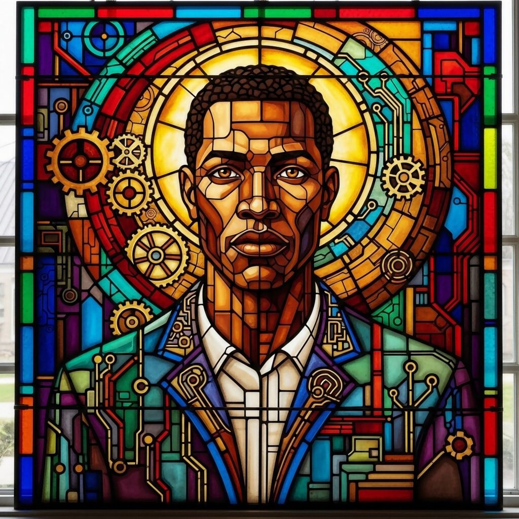 Stained-glass portrait of a visionary creator with a golden halo and gears — The Vault TLT collaborations