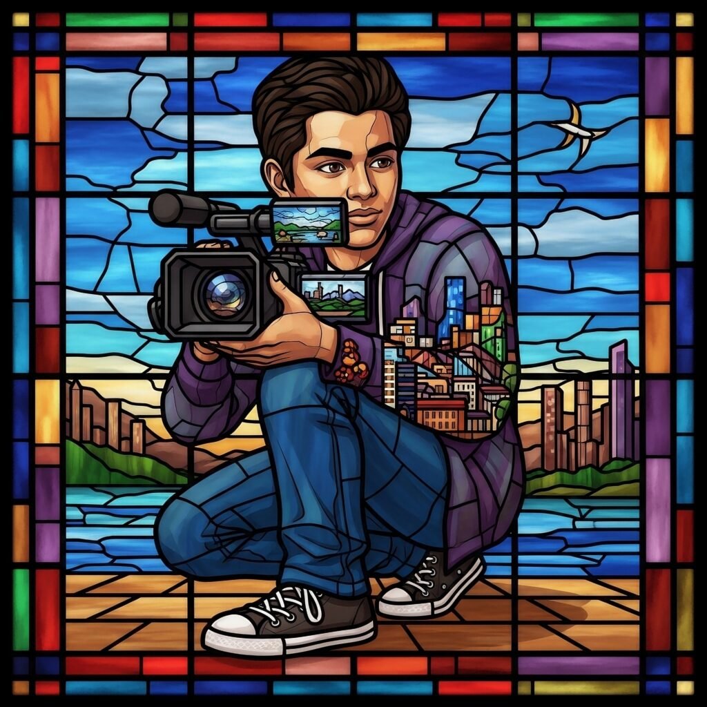 Stained-glass portrait of a videographer filming the city — The Vault TLT media and marketing