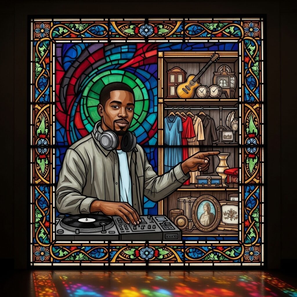 Stained-glass artwork of a DJ beside a shelf of consignment treasures — The Vault TLT resale and consignment